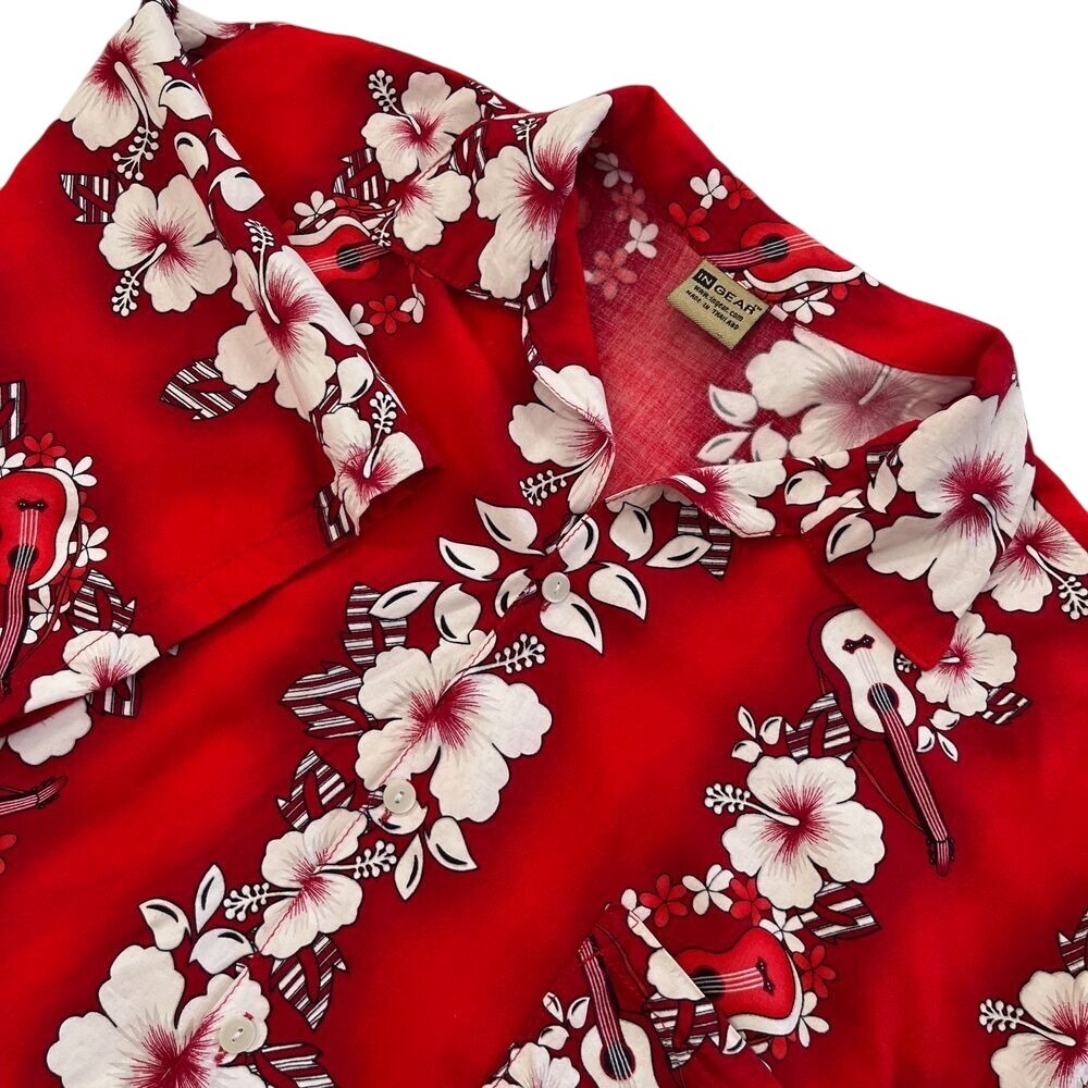 InGear Mens Red Hawaiian Button Down Shirt, InGear Ukulele Hawaii Island‎ Shirts